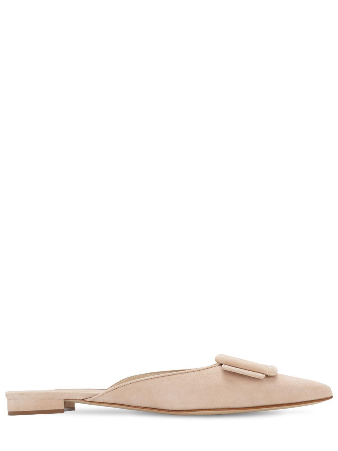 MANOLO BLAHNIK Maysale Suede Buckle Ballerina Mules In Beige Product Image