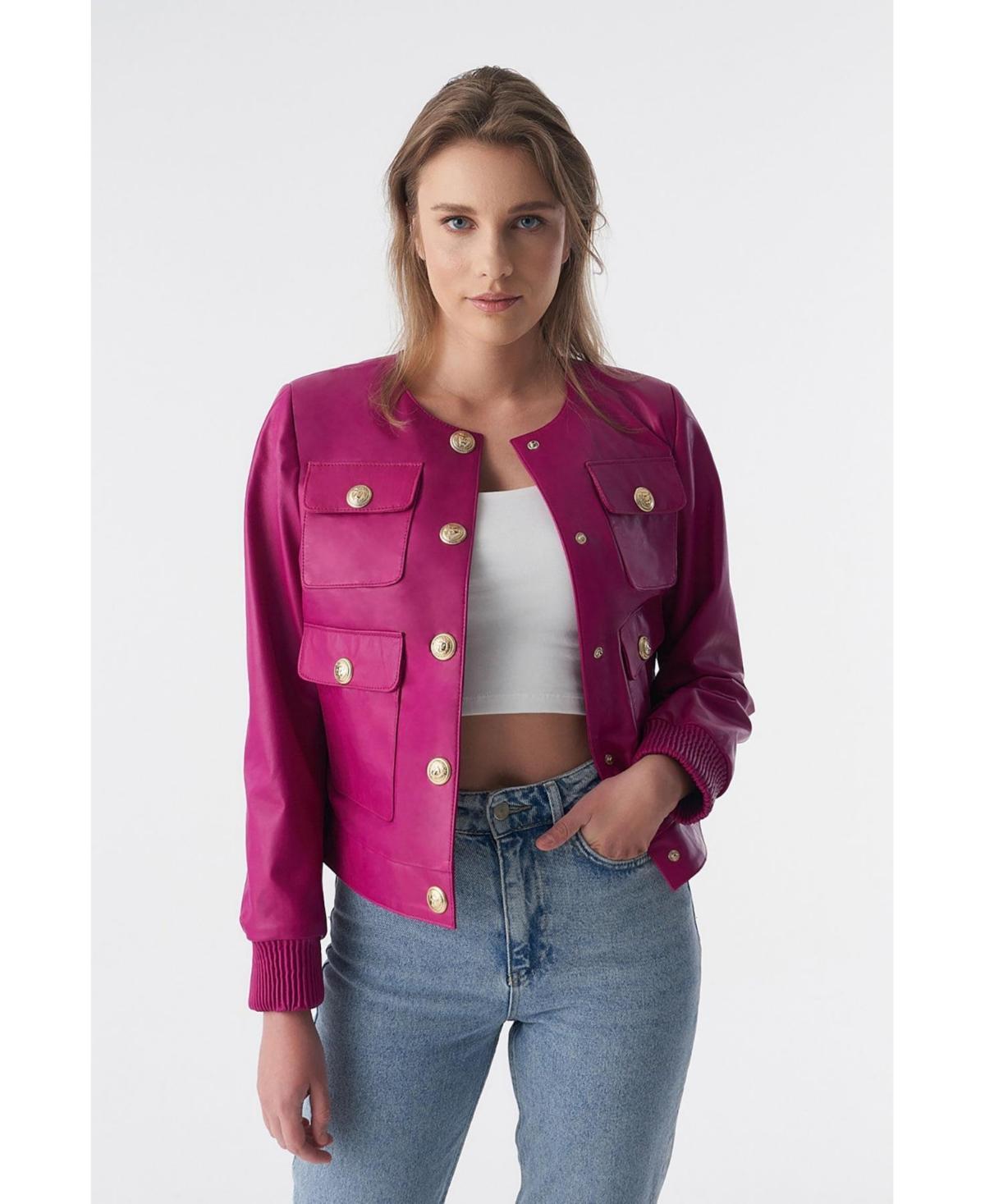 Womens Collarless Stunning Studs Closure Leather Jacket Fuchsia Product Image