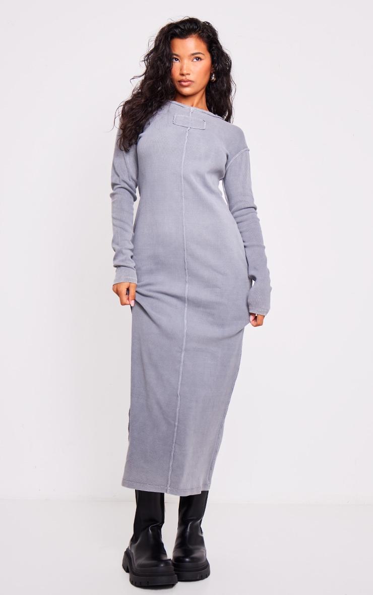 Grey Ribbed Exposed Seam Long Sleeve Maxi Dress Product Image