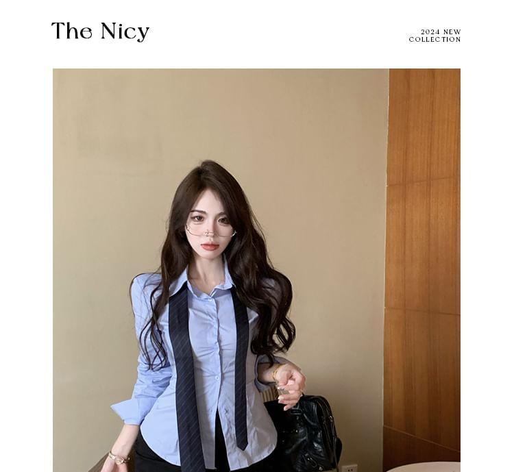 Long-Sleeve Plain Button-Up Shirt / High Rise Mini Pencil Skirt Product Image