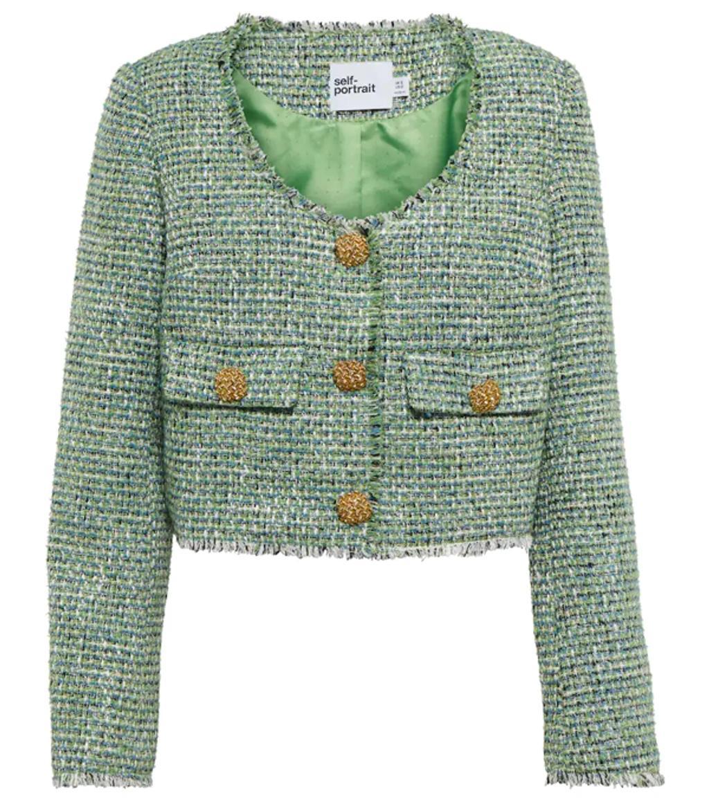 Cropped Button-embellished Metallic Bouclé-tweed Jacket In Green,blue,metallic Product Image