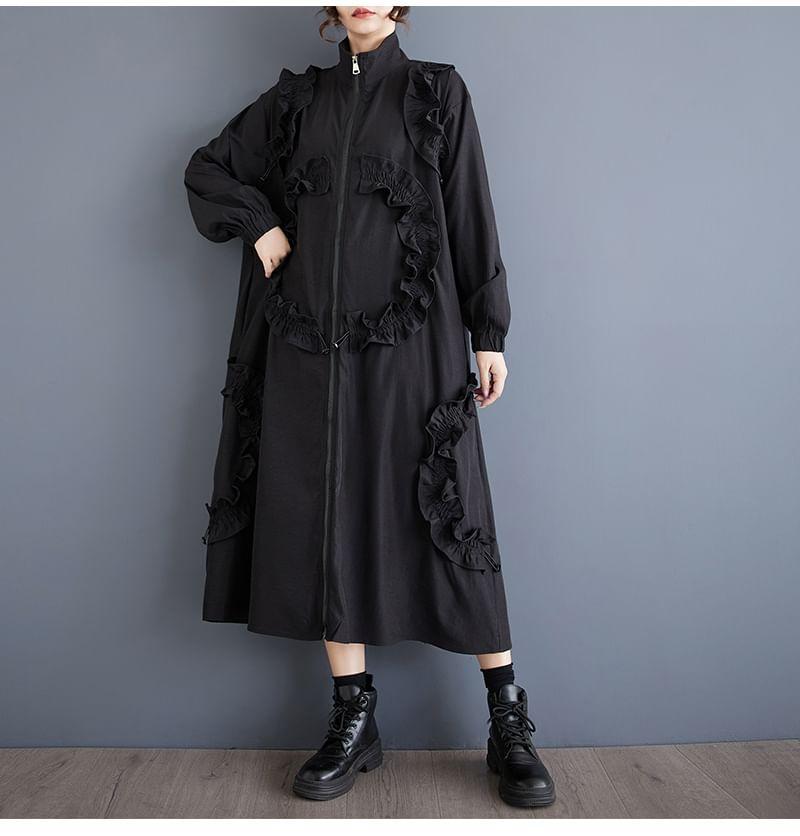 Mock Neck Frill Trim Plain Zip-Up Long Coat Product Image