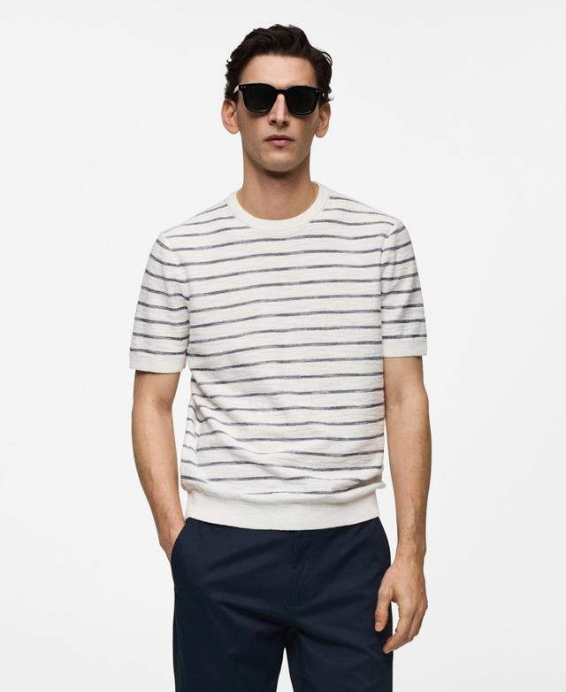 MANGO MAN - Striped knit cotton t-shirt off whiteMen Product Image