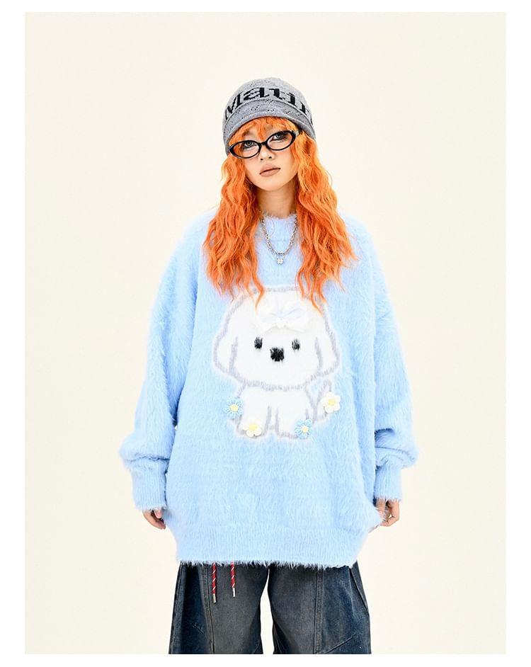 Drop Shoulder Crew Neck Puppy Embroidered Oversized Sweater Product Image