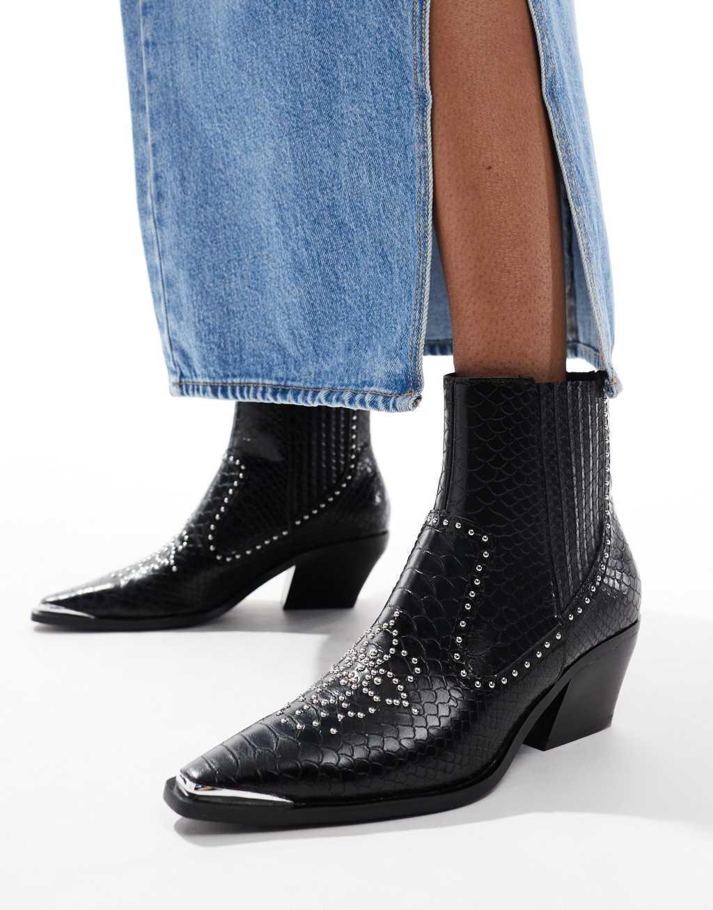 Stradivarius faux croc heeled ankle boots in black Product Image