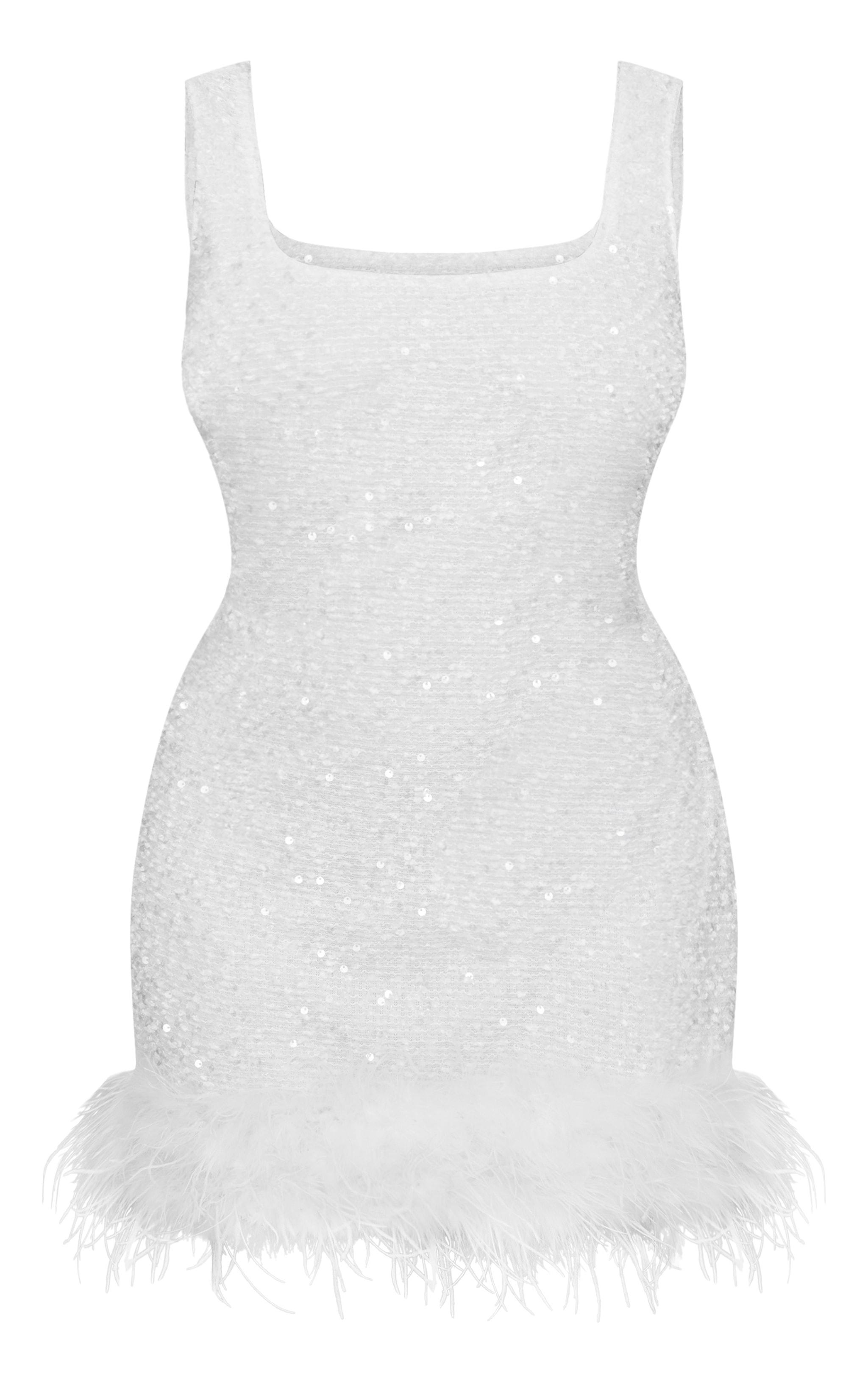 Plus White Sequin Scoop Neck Feather Hem Shift Dress Product Image