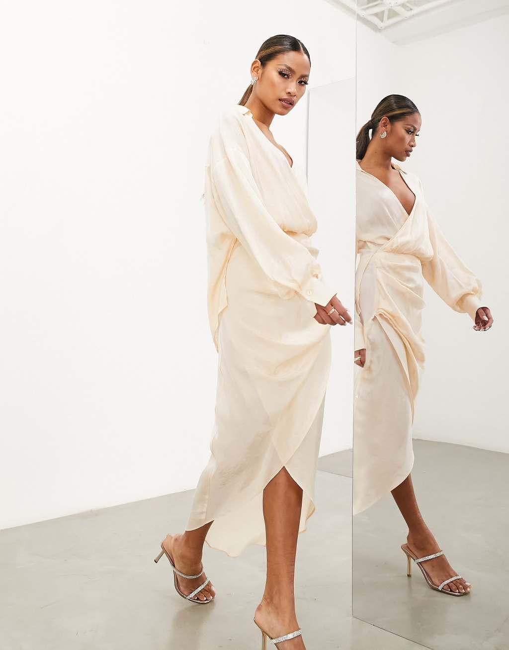 ASOS EDITION drape detail midi shirt dress in seashell Product Image