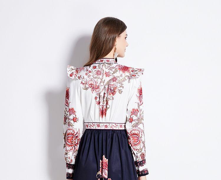 Long Sleeve V-Neck Floral Print Frill Button Midi A-Line Dress Product Image