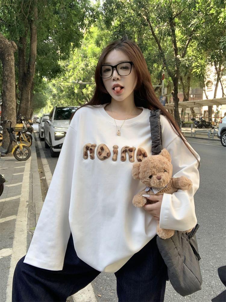 Long-Sleeve Round Neck Lettering Embroidered T-Shirt Product Image