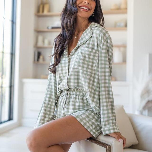 Under The Stars In Olive Grateful Gingham Long Sleeve Bamboo Pajama Top Product Image