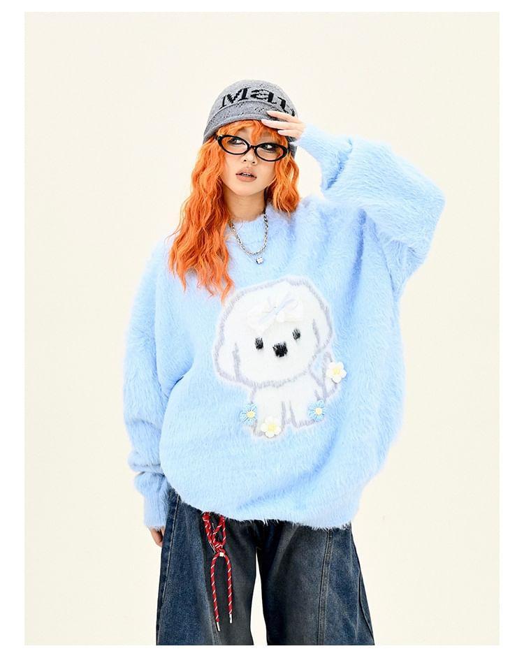 Drop Shoulder Crew Neck Puppy Embroidered Oversized Sweater Product Image