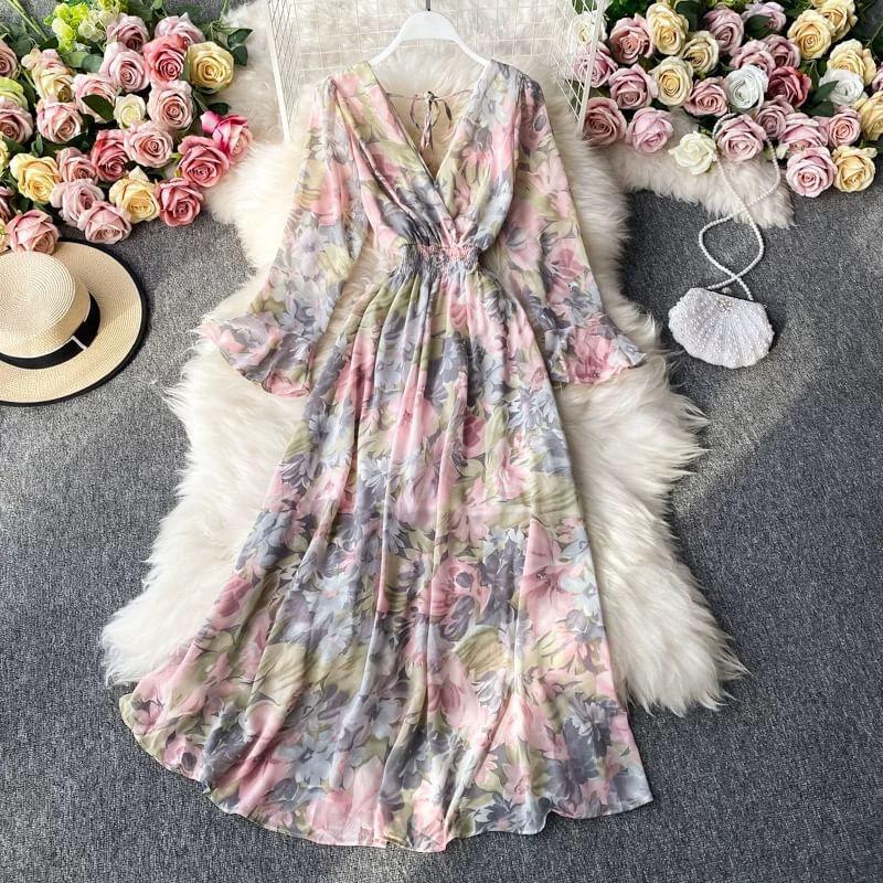 Flared-Sleeve V-Neck Floral Maxi A-Line Dress Product Image