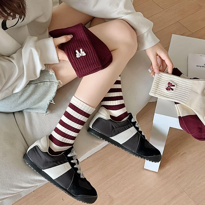 Striped Socks / Bow Embroidered Socks / Set Product Image