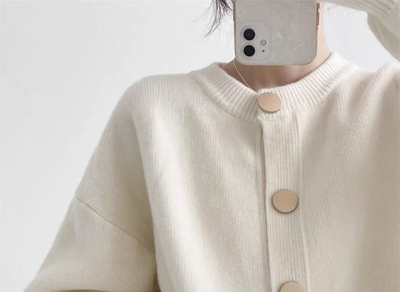 Round Neck Plain Button Oversized Cardigan Product Image