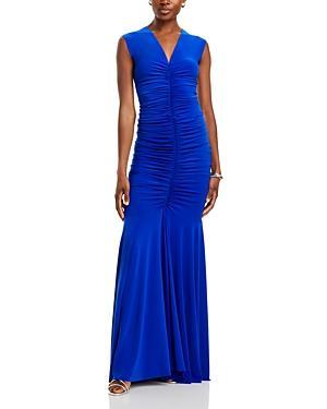 Norma Kamali Sleeveless Deep V Neck Shirred Front Fishtail Gown in Royal. Product Image