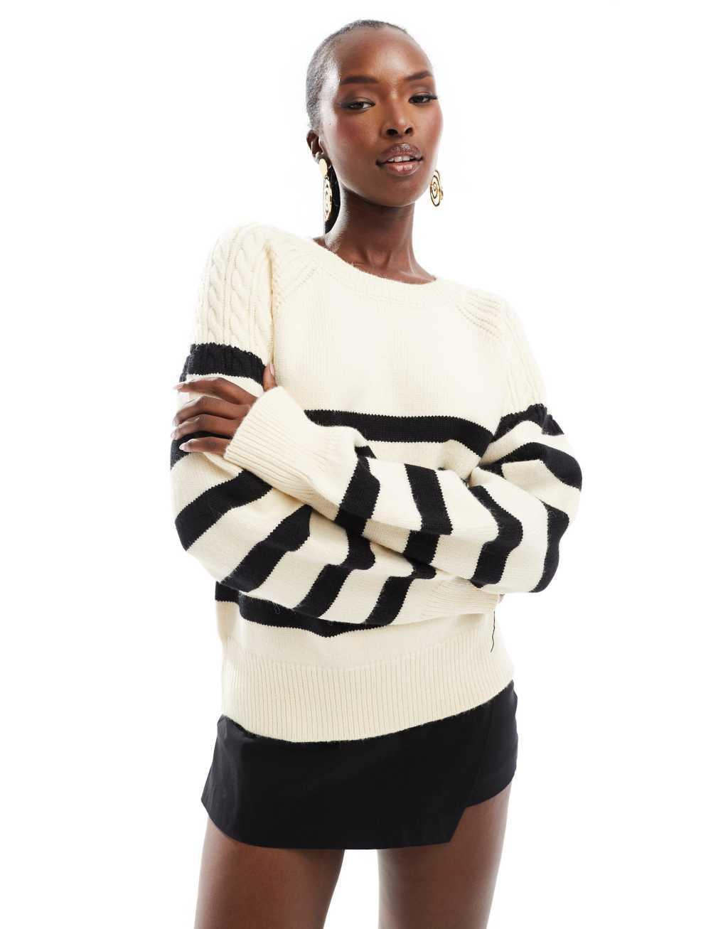 French Connection crew neck knitted sweater in cream and black stripe  Product Image