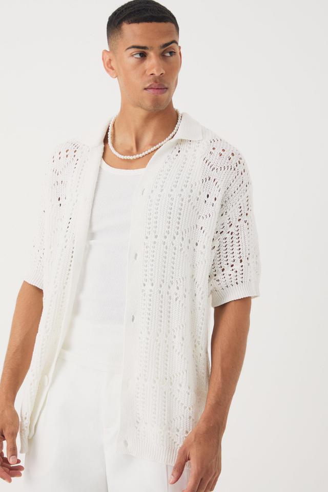 Oversized Boucle Textured Open Knit Shirt | boohooMAN USA Product Image