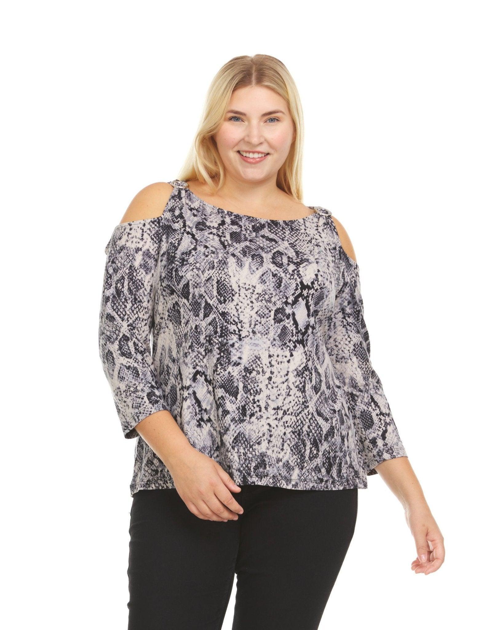 Python Print 3/4 Sleeve Cold Shoulder Top With Shoulder Strap Grommet- plus Product Image