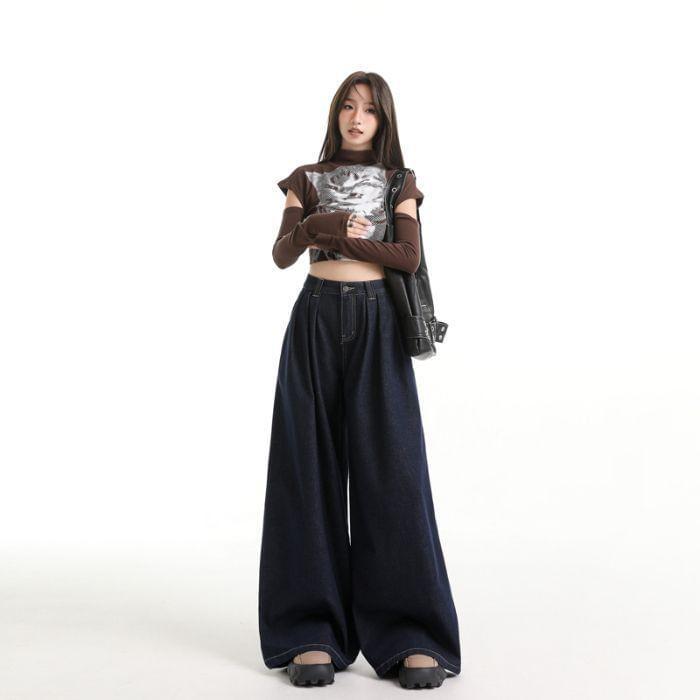 High Waist Plain Wide Leg Jeans Product Image