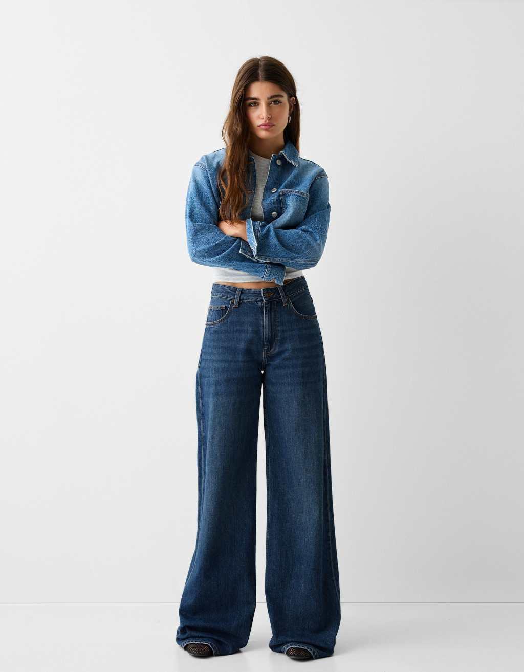 Bershka Petite high waisted wide leg jeans in dark blue product image