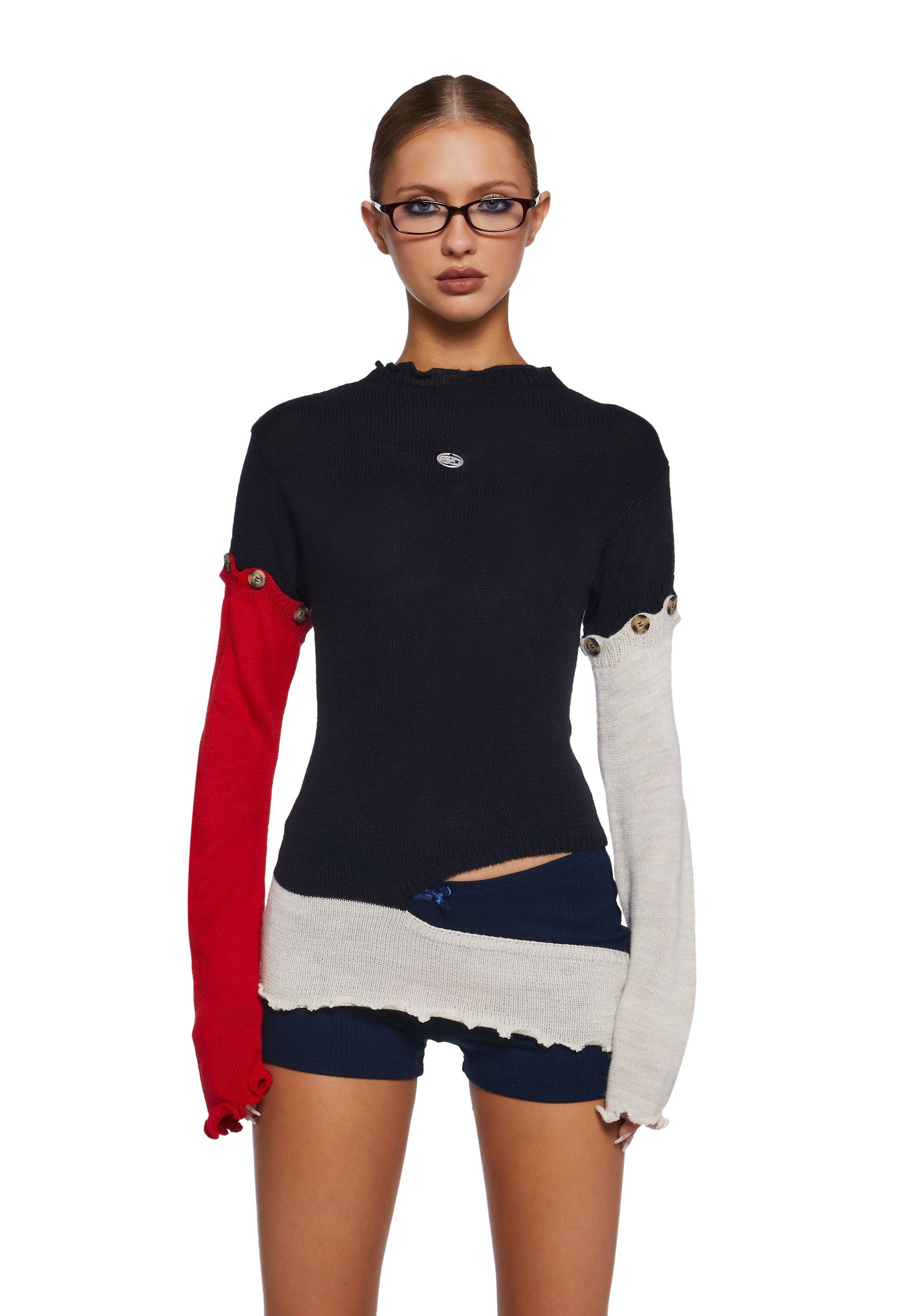 Basic Pleasure Mode Paneled Distressed Cutout Knit Sweater - Multi Product Image