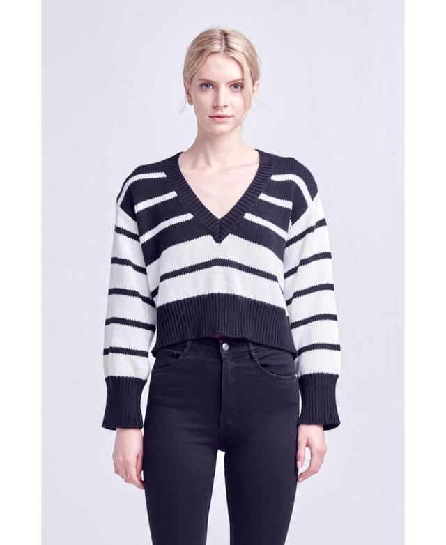 English Factory Stripe V-Neck Cotton Crop Sweater Product Image