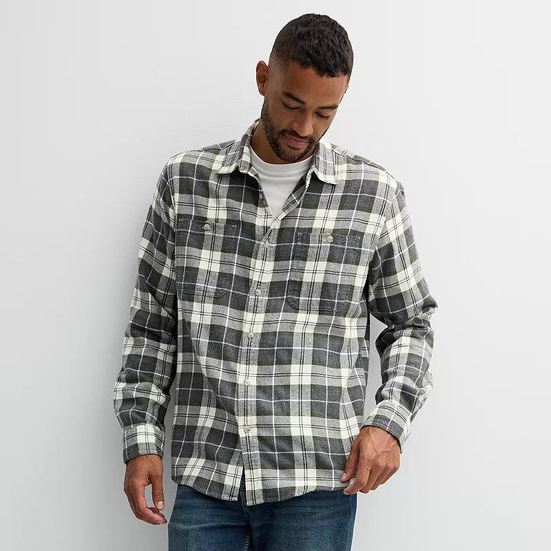 Mens Sonoma Goods For Life Flannel Button-Down Shirt Grey Green Plaid Product Image