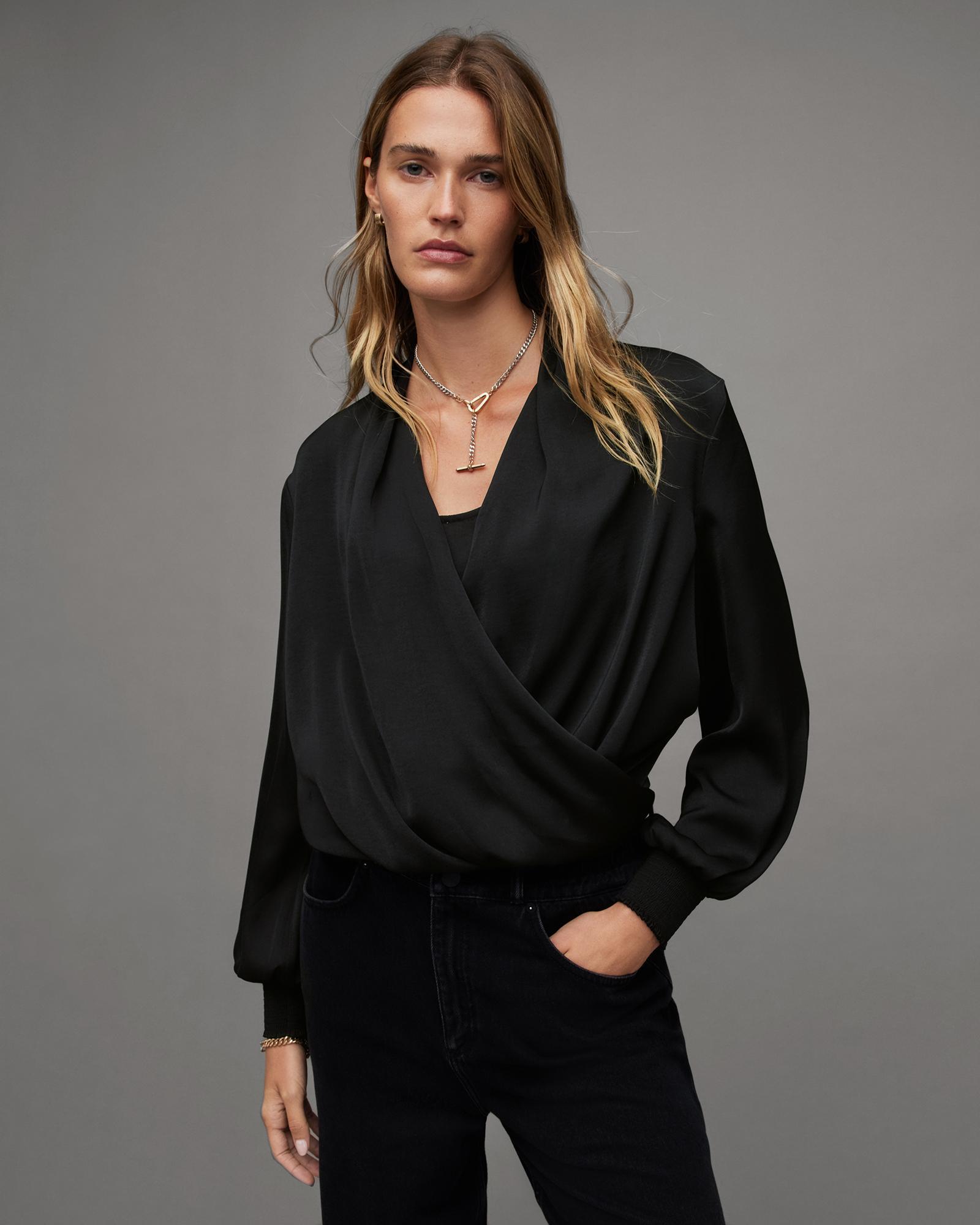 AllSaints Abi Long Sleeve Draped Wrap Over Top Product Image