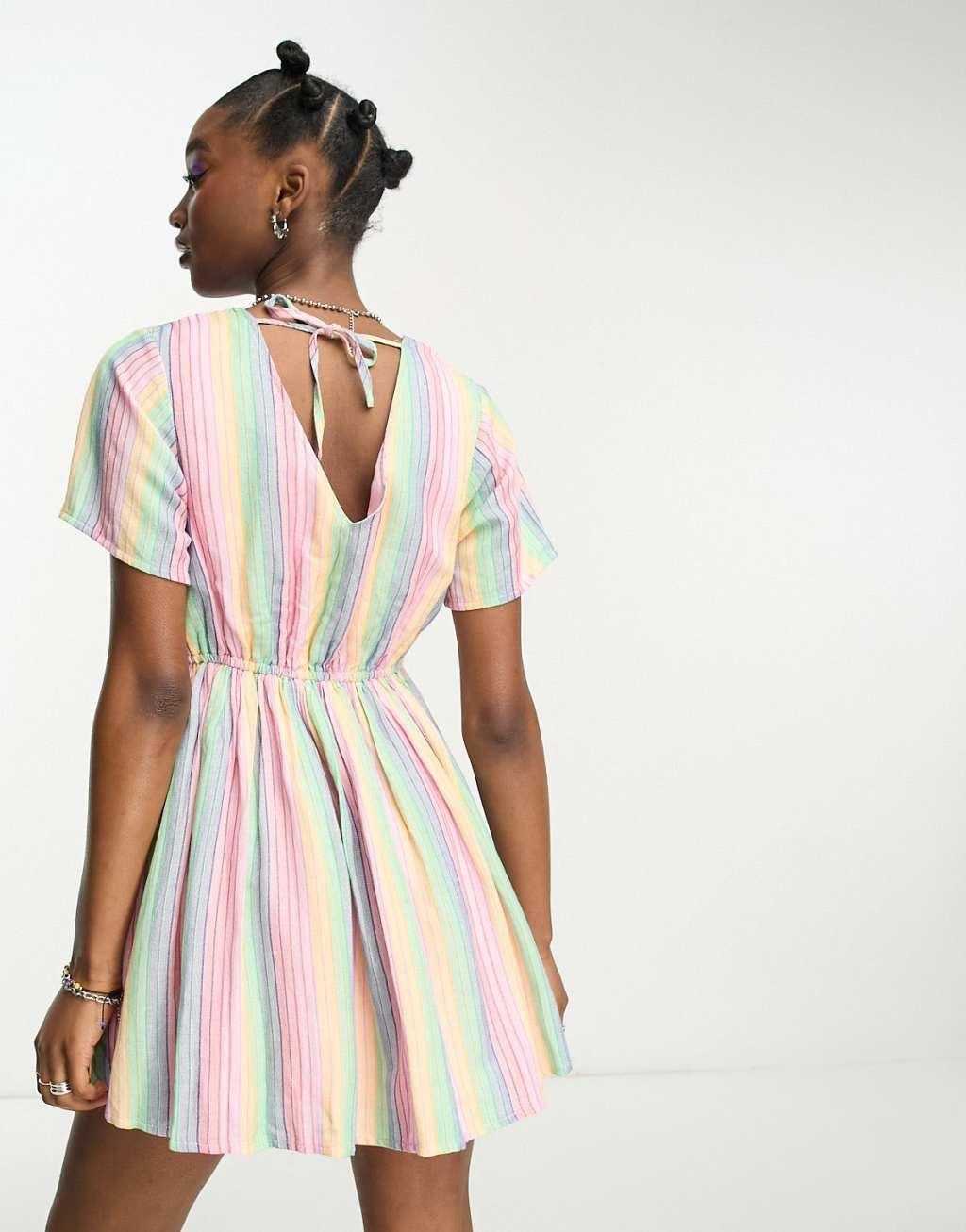 Daisy Street linen mini smock dress in rainbow stripe Product Image