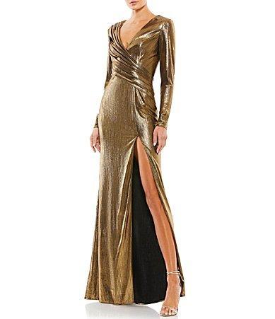 Womens Metallic Long-Sleeve Asymmetrical Ruched Gown Product Image