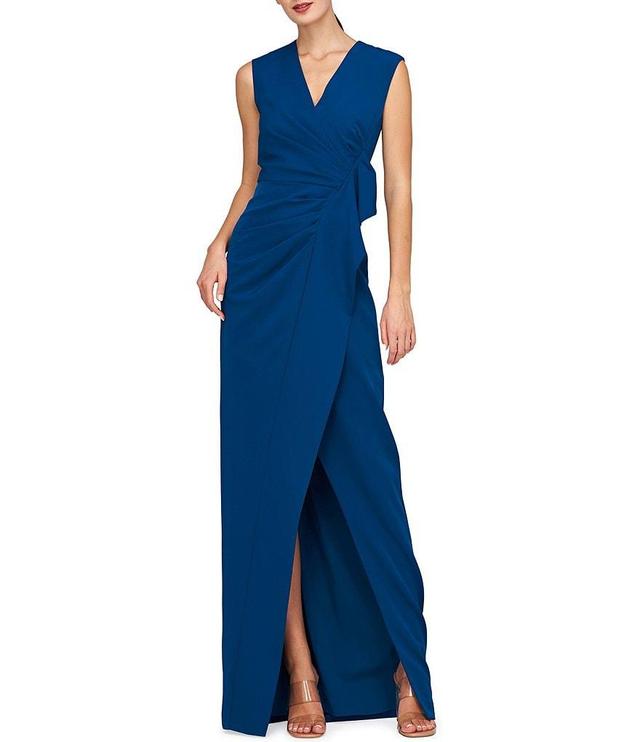 Kay Unger Stretch Crepe V-Neck Sleeveless Pleated Ruffle Column Gown Product Image