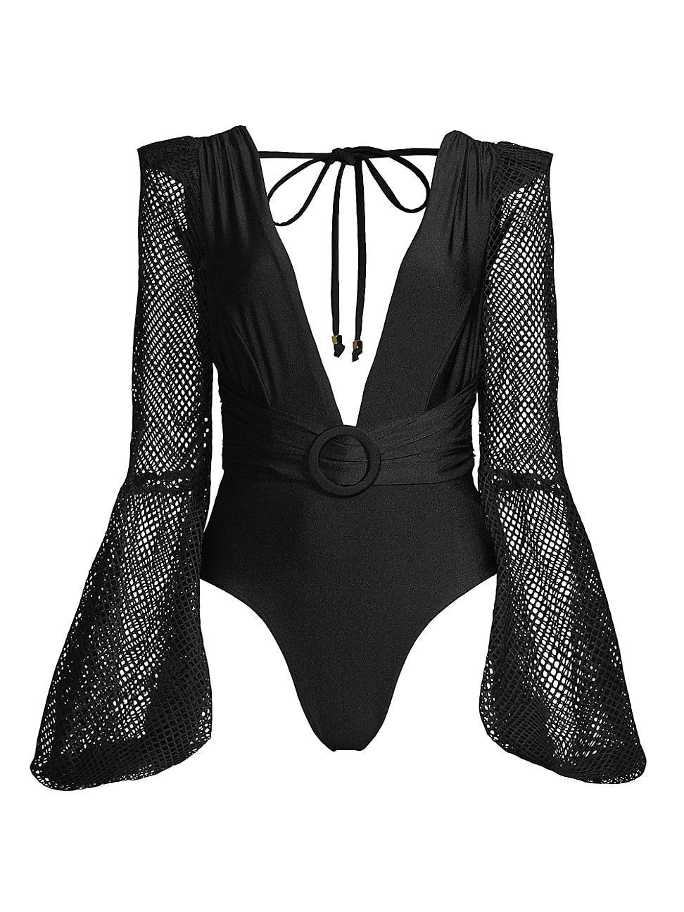 Womens Plunge Fishnet-Sleeve One-Piece Swimsuit Product Image