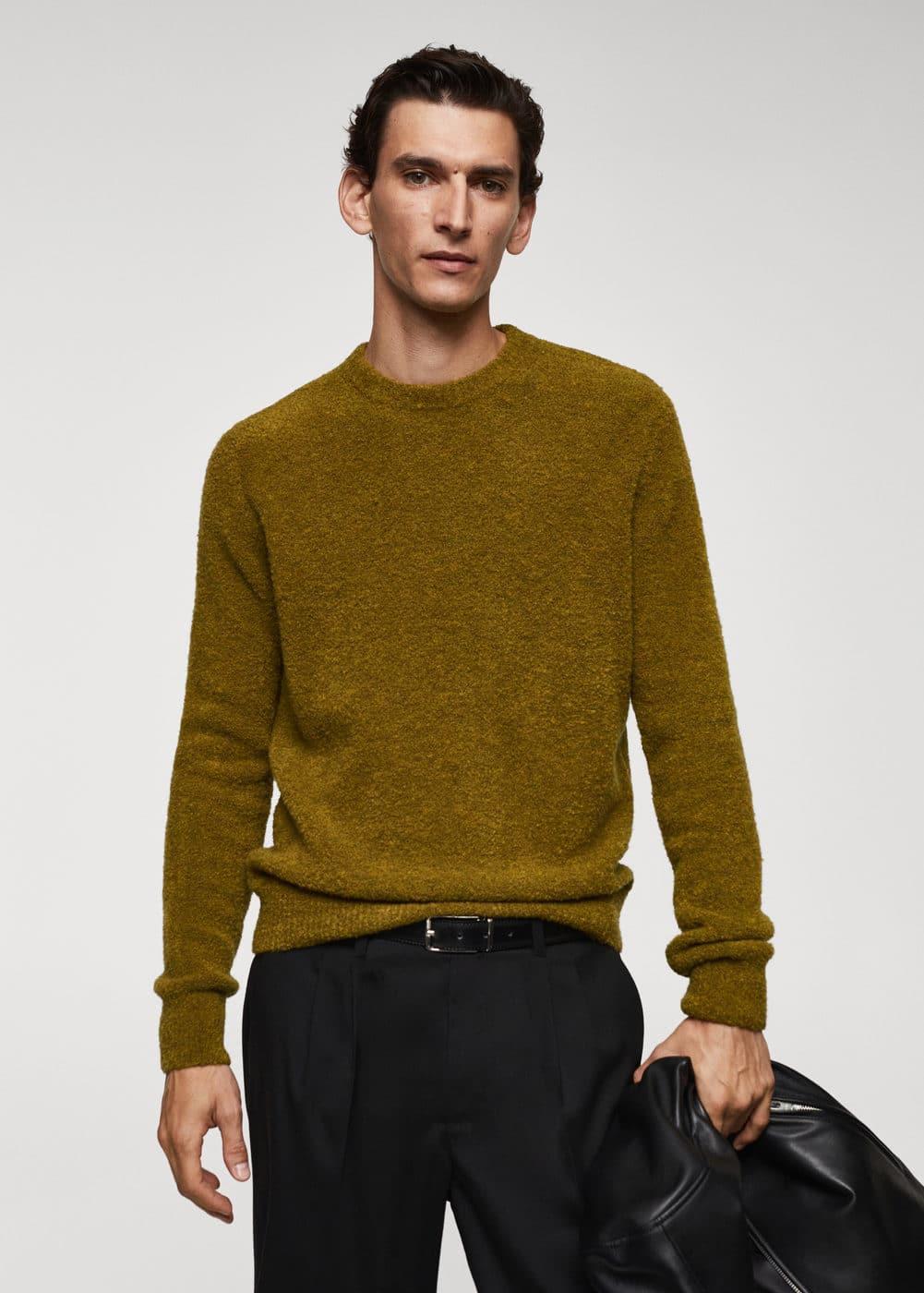 MANGO MAN - Bouclé knit sweater olive greenMen Product Image