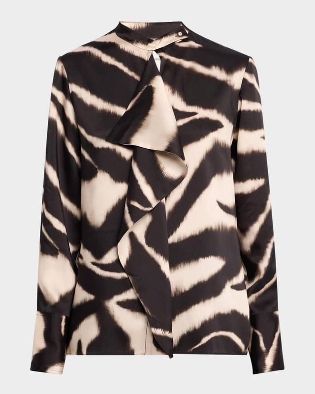 Zebra-Print Ruffle Long-Sleeve Blouse Product Image