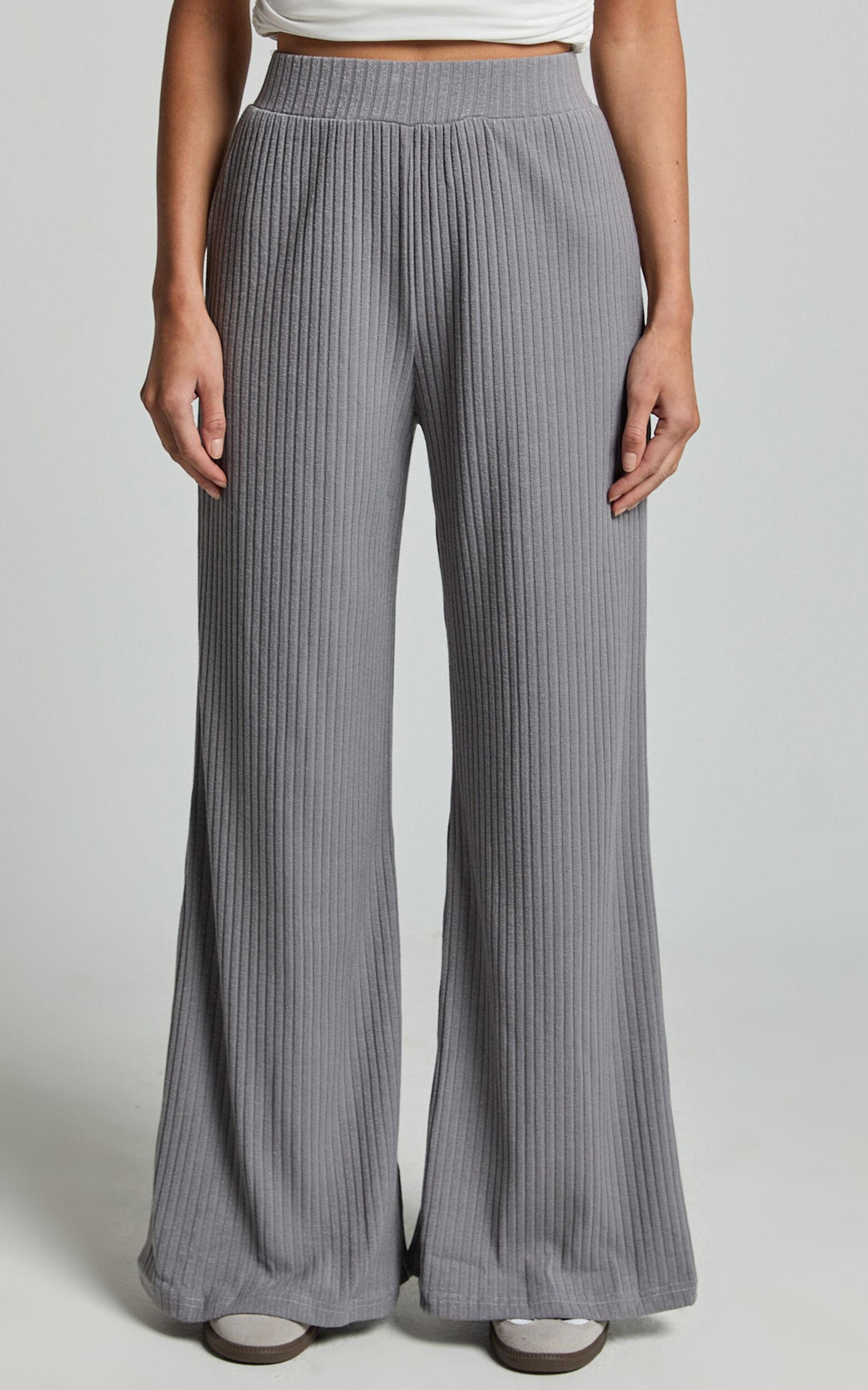 Adriana Pants - Ribbed High Waist Wide Leg Pants in Slate Grey Product Image