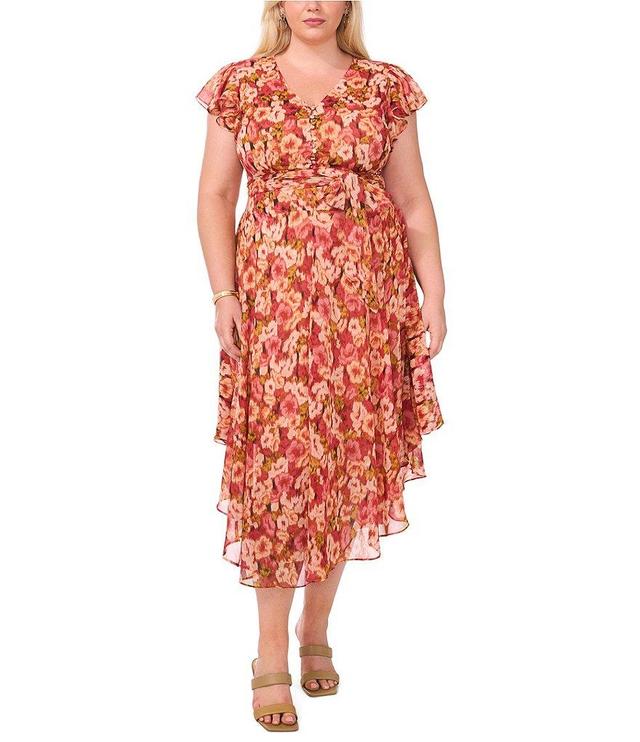 Vince Camuto Floral Print V-Neck Short Flutter Sleeve Ruffle A-Line Dress Product Image