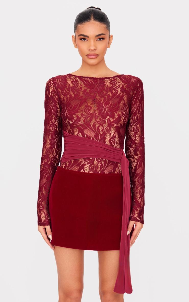 Burgundy Lace Wrap Detail Long Sleeve Bodysuit product image