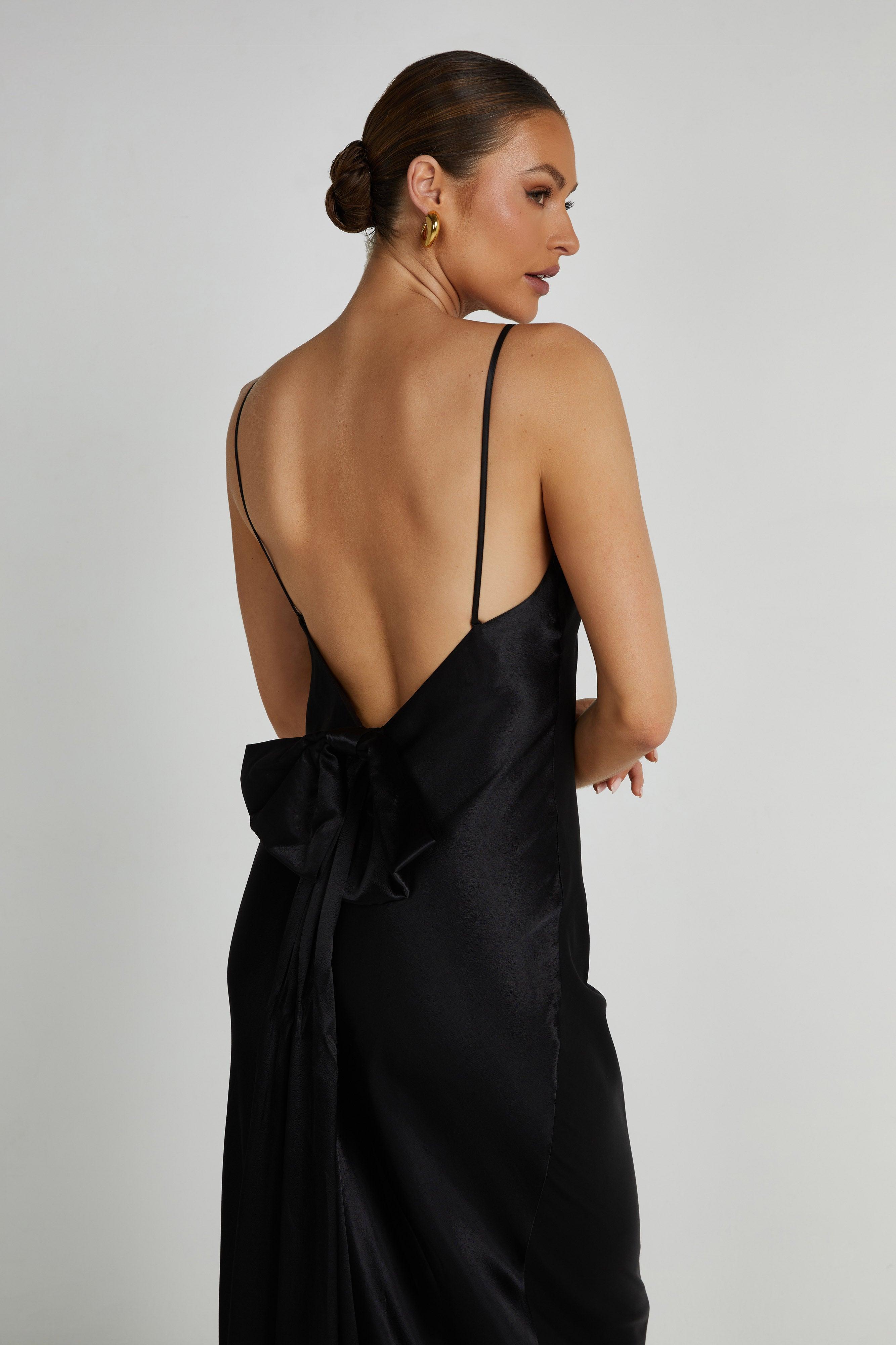 Kailey Low Back Maxi Dress With Detachable Bow Train - Black Product Image