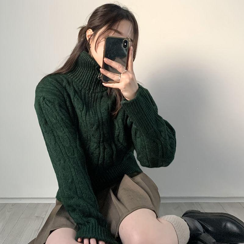 Long-Sleeve Plain Half-Zip Cable Knit Sweater Product Image