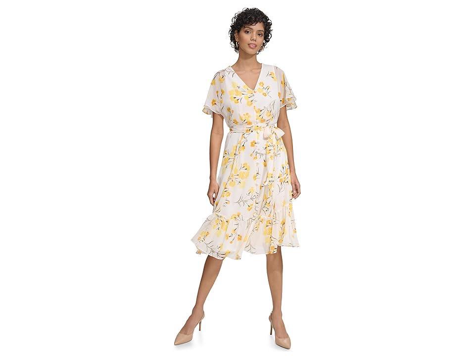 Calvin Klein Chiffon Midi Dress with Flutter Sleeves (Golden Mul) Women's Dress Product Image