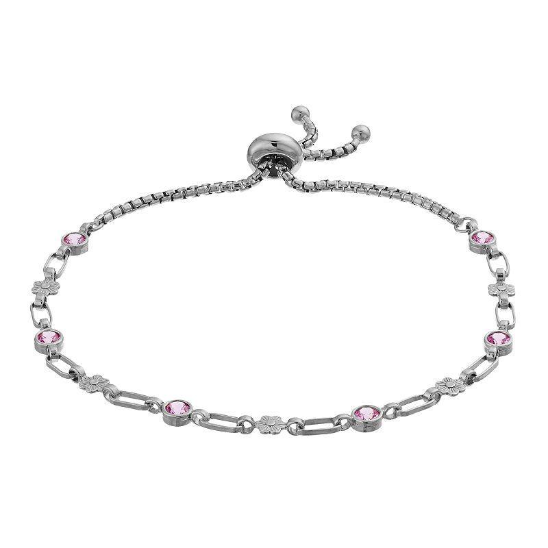 Kristen Kesho Sterling Silver Lab-Created Pink Sapphire & Flower Link Adjustable Bolo Bracelet, Womens Product Image