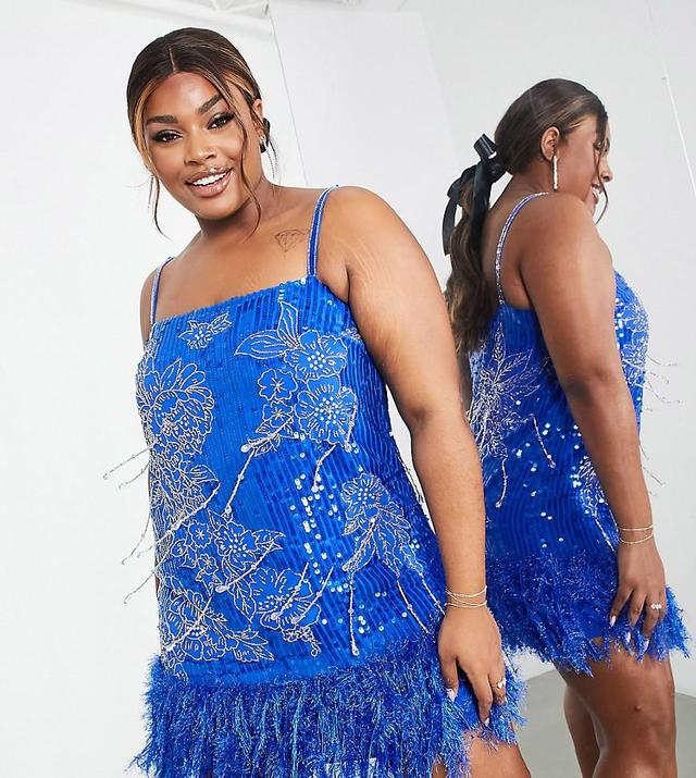 ASOS EDITION Curve floral sequin and bead mini dress with faux feather hem in bright blue Product Image