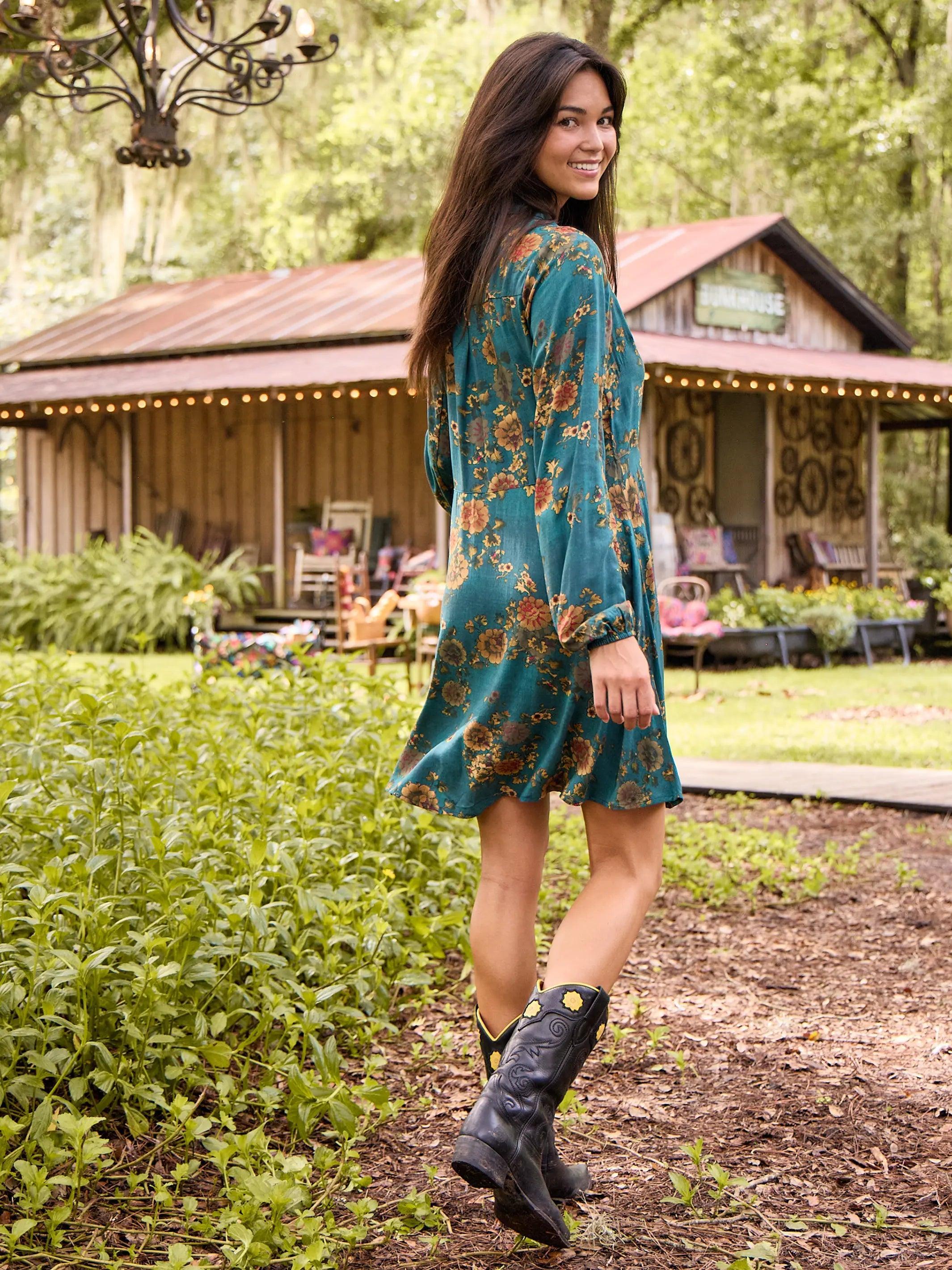 Ansley Woven Tunic Shirt Dress - Teal Orange Clusters Product Image