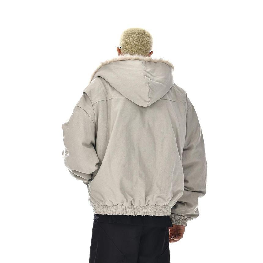 Fluffy Hooded Plain Oversized Bomber Jacket Product Image