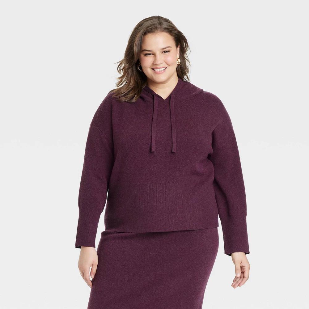 Womens Cozy Knit Hoodie Sweatshirt - A New Day Burgundy XXL Product Image