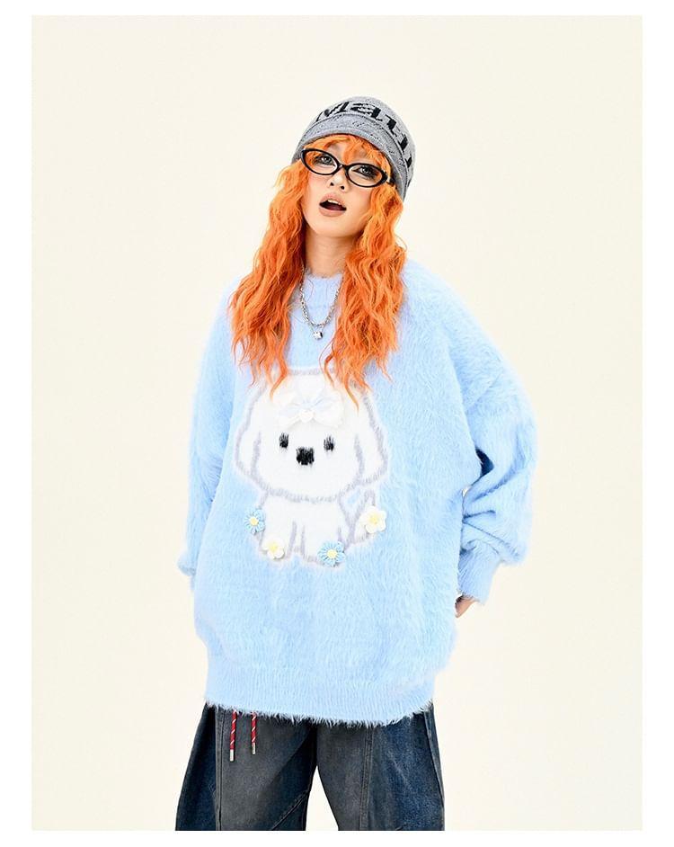 Drop Shoulder Crew Neck Puppy Embroidered Oversized Sweater Product Image