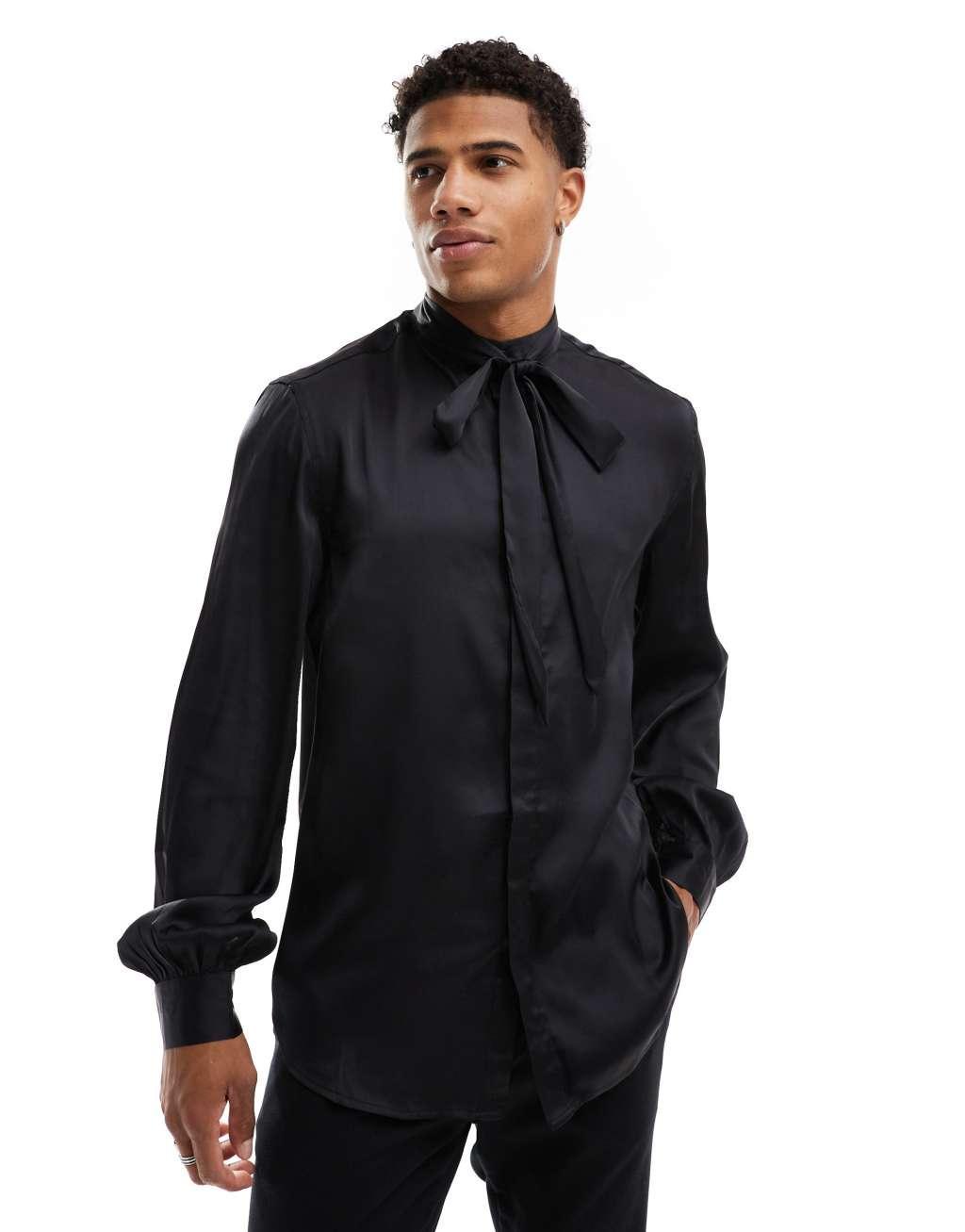 ASOS DESIGN satin shirt with tie neck and blouson volume sleeves  Product Image