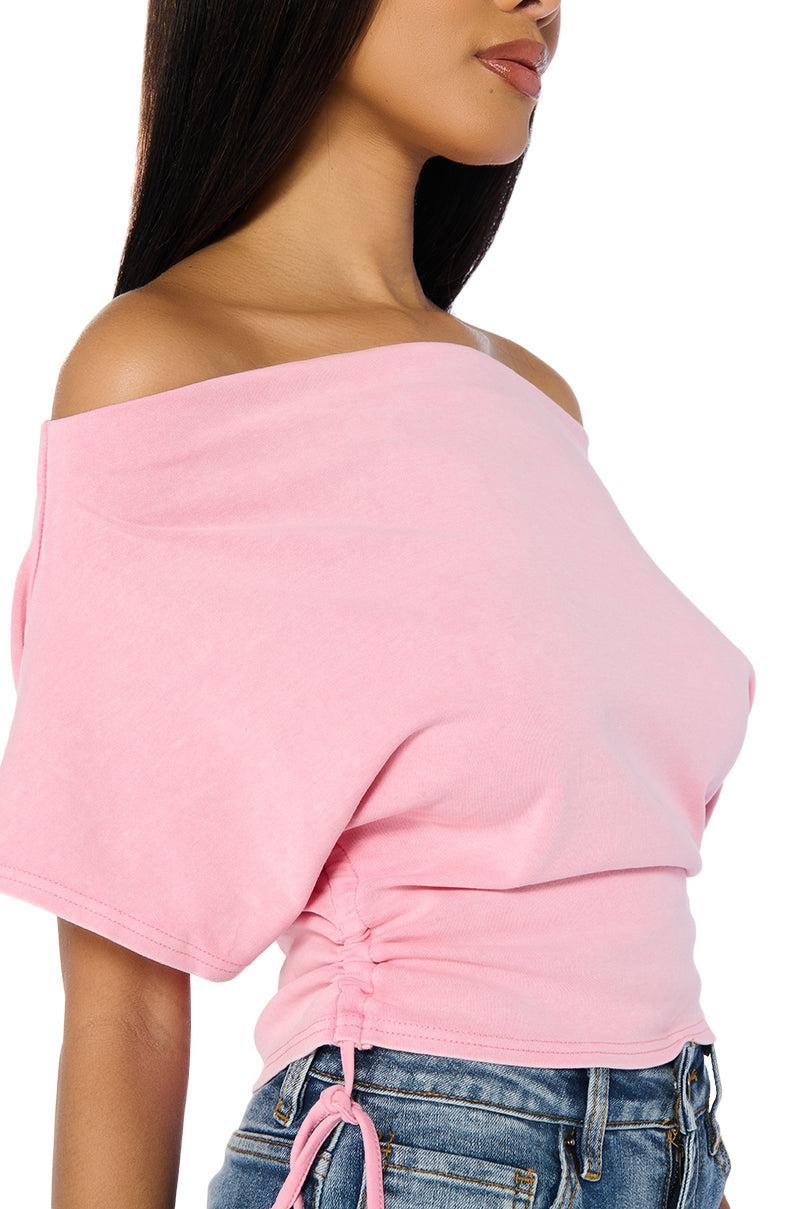 CRAZY IN LOVE SHORT SLEEVE OFF THE SHOULDER TSHIRT IN PINK Product Image