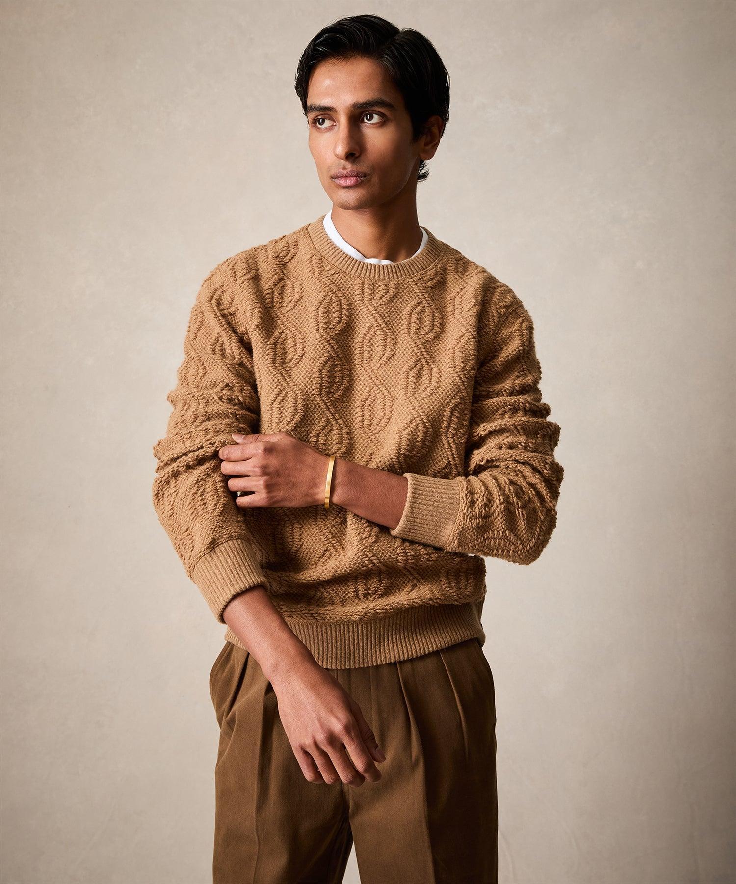 Wool Cable Knit Crewneck Sweater in Camel Product Image