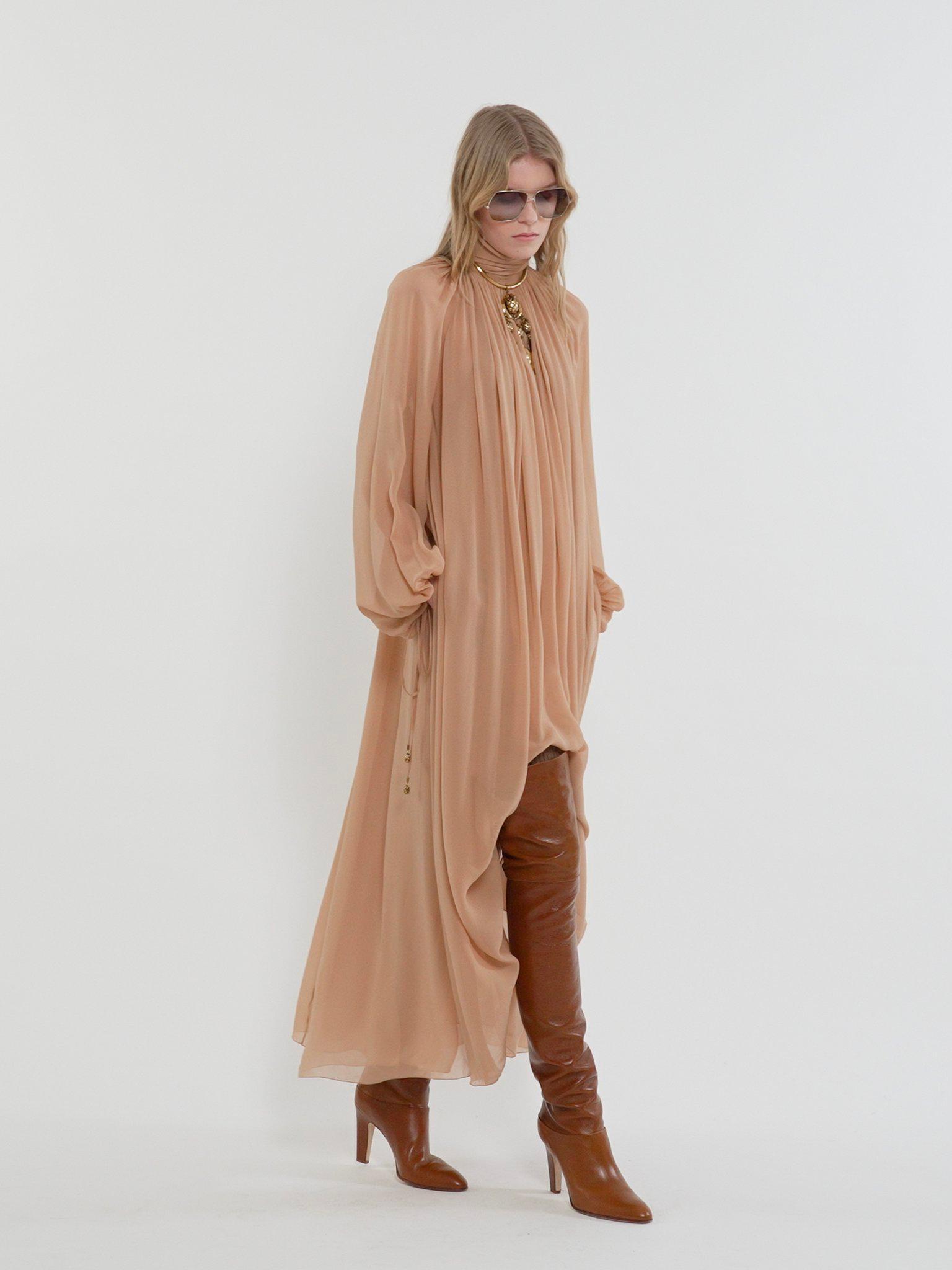 Mock-neck gathered long dress in silk georgette Product Image